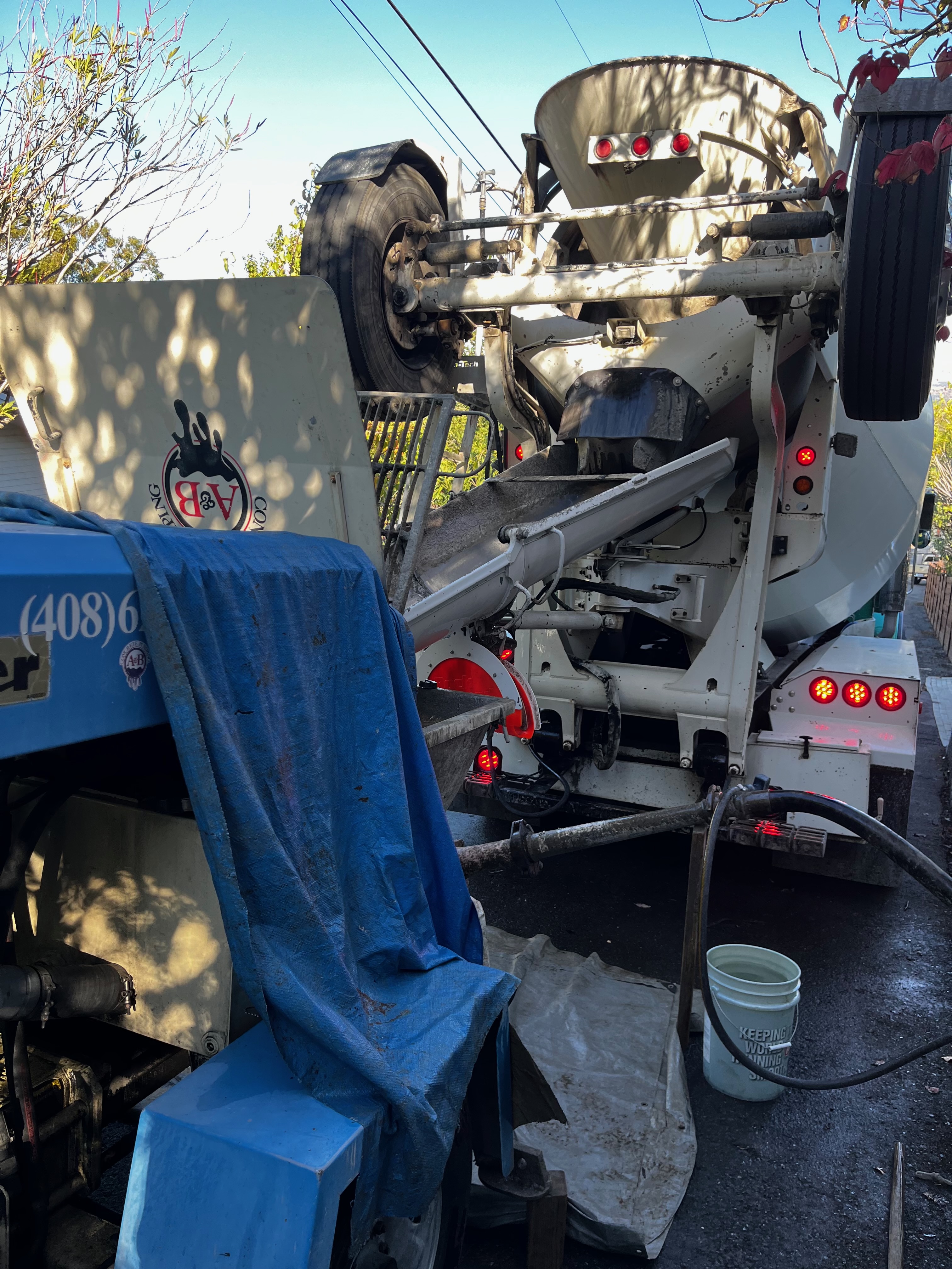 Concrete mixer pouring into line pump hopper