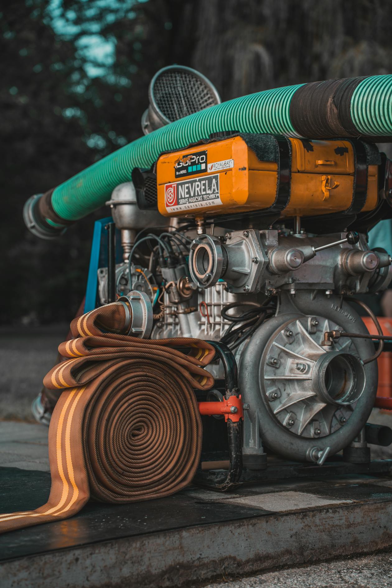 Industrial concrete pump and hose equipment on a construction site
